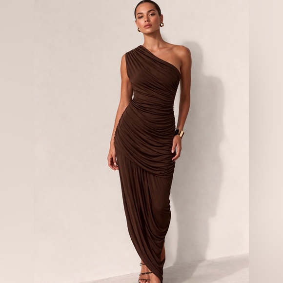 ZARA Chocolate Brown One Shoulder Ruched Dress Draped Asymmetric Midi Sexy BNWT - Picture 3 of 9